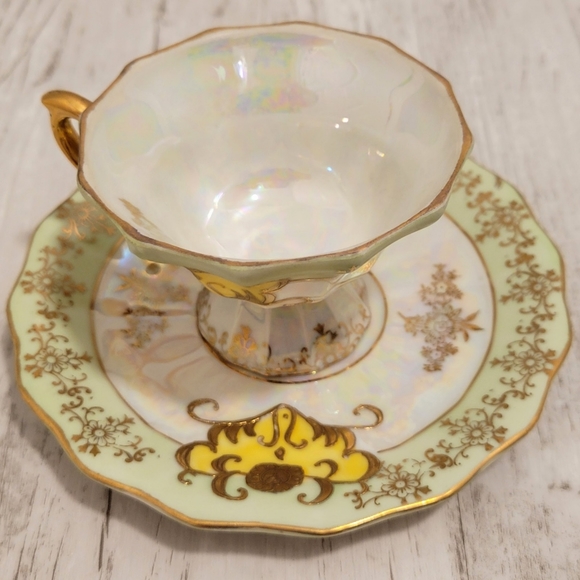 Ucagco Art Vintage Japanese Teacup And Saucer Pale Green Gold